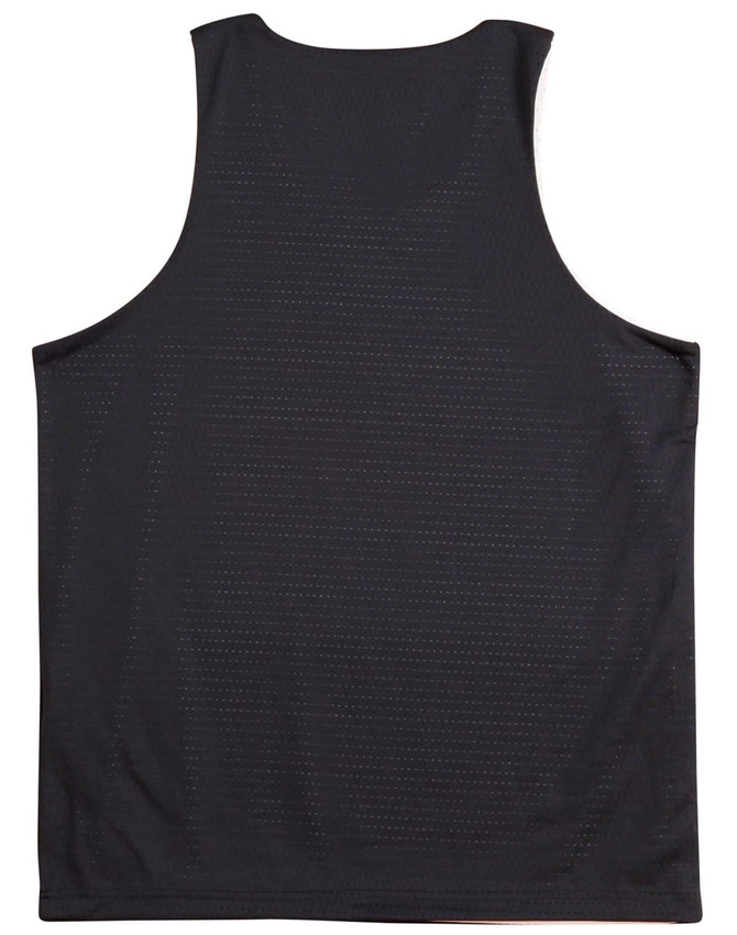 A black adults' basketball singlet featuring a breathable mesh fabric and a simple design. It has a logo on it.