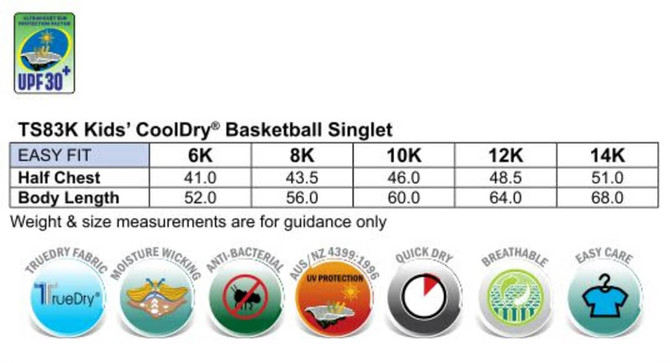 A collection of measurements for a kids' CoolDry basketball singlet, along with various fabric feature icons.