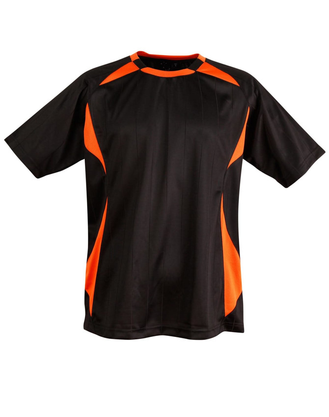 Adults' soccer jersey in black with vibrant orange accents and short sleeves, featuring a logo on the front.