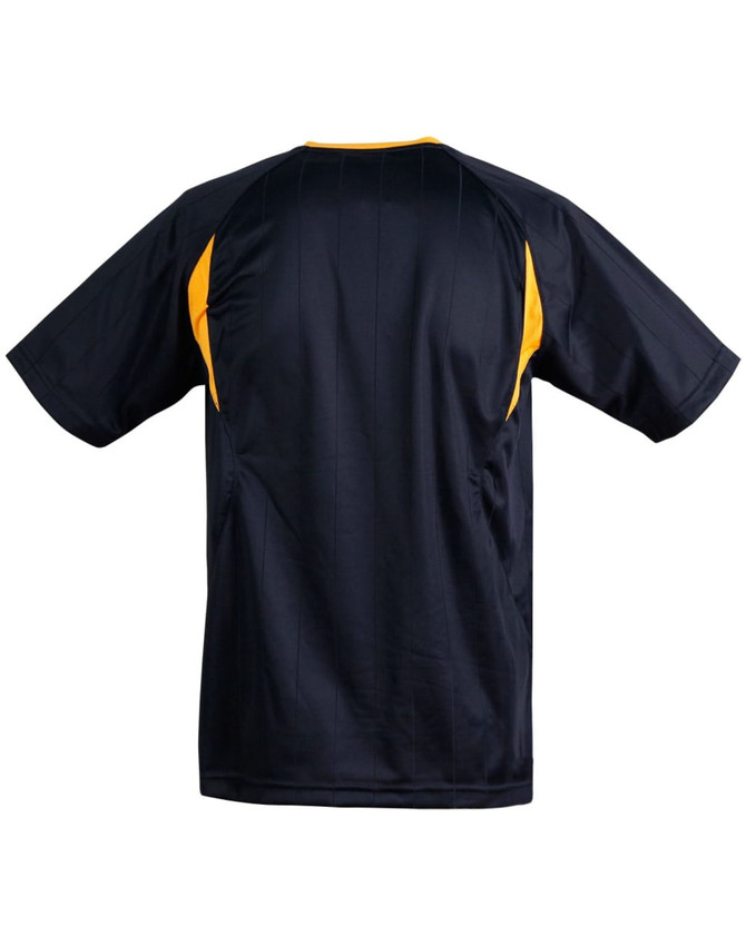 A dark navy adults' soccer jersey with yellow accents and a plain back design. It features a logo on the front.
