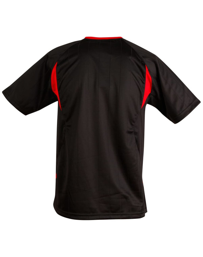 A black and red kid's soccer jersey featuring short sleeves and a back design. Includes a logo.