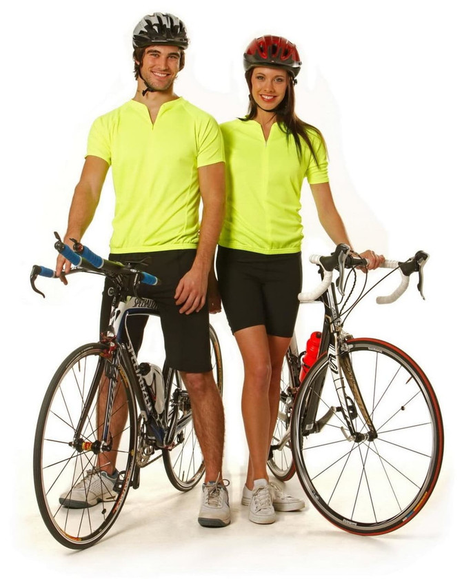 A unisex cycling top in bright yellow, worn by two models with bicycles, set against a plain background.