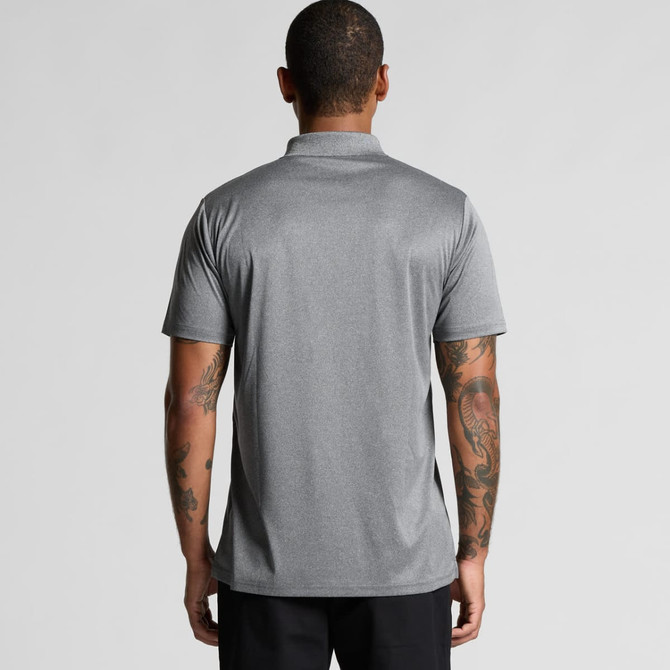 A grey Active Work Polo shirt viewed from the back, featuring a collar and short sleeves. It has a logo on the chest.