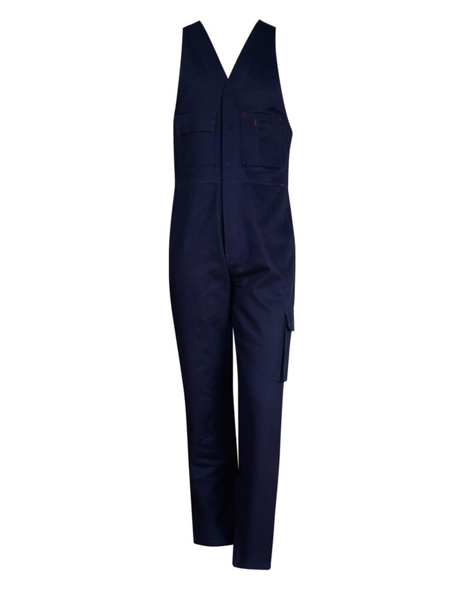 A navy blue cotton drill overall with adjustable straps and multiple pockets. Features a branding logo.