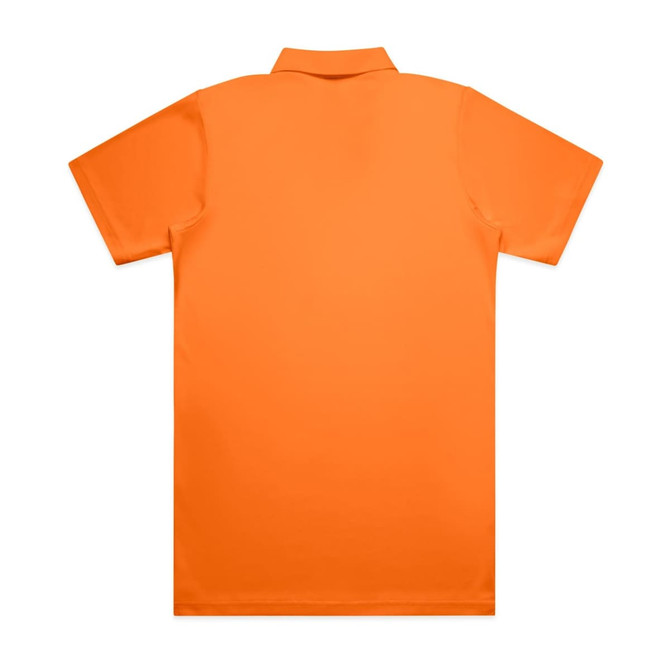 An orange work polo shirt with a short sleeve and a collar, featuring a logo.