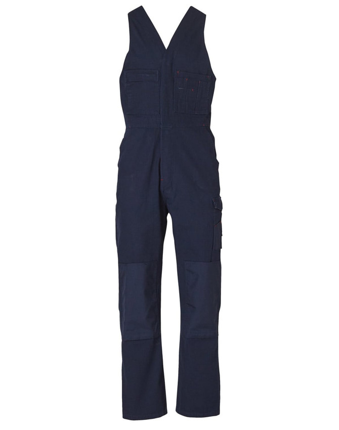 A navy blue men's overall featuring adjustable straps, multiple pockets, and a branded logo.