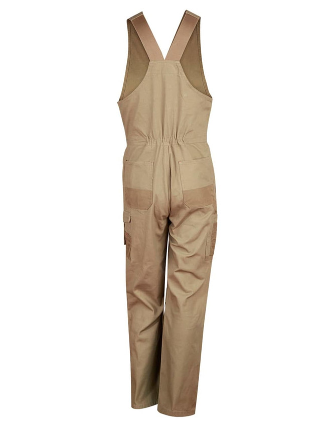 Men's DURA WEAR action back overall in khaki, featuring adjustable straps and multiple pockets. Includes a logo.