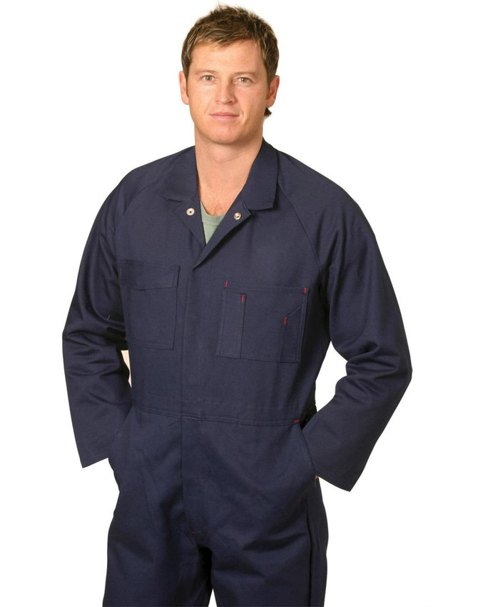 A navy blue cotton drill coverall with two front pockets and a collar, featuring a logo on the chest area.