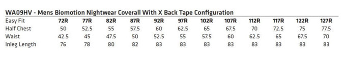 A size chart for the Biomotion Night Safety Coverall, outlining easy fit measurements for various sizes.