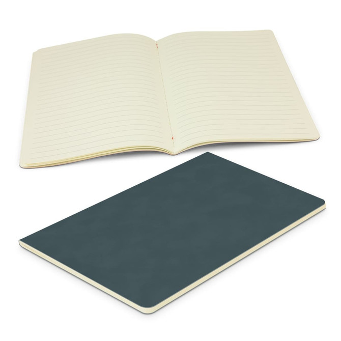 A dark green notebook with an open page featuring lined paper. The notebook has a smooth cover and branding.