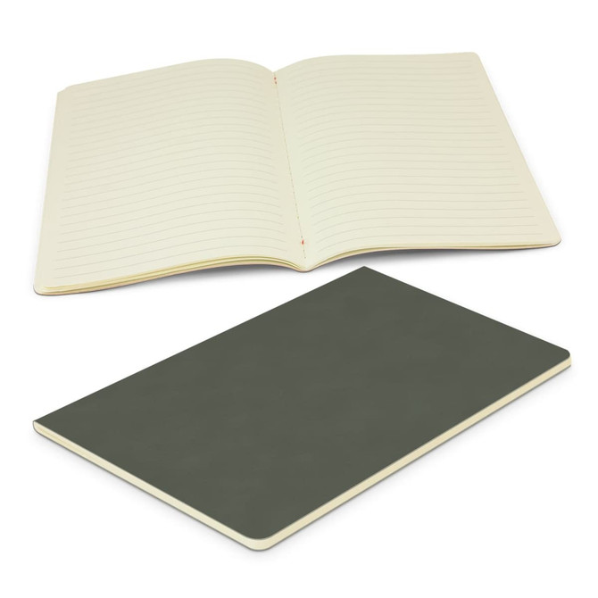 An open green notebook with lined pages, resting above a closed version of the same notebook.