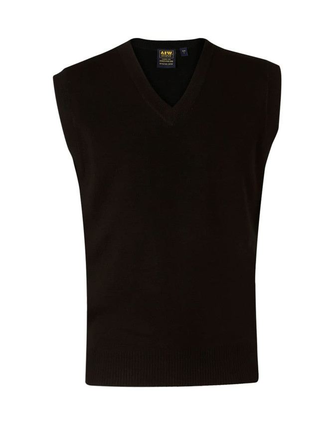 A dark green v-neck wool and acrylic knit vest with no sleeves and a ribbed hem, featuring a logo label inside.