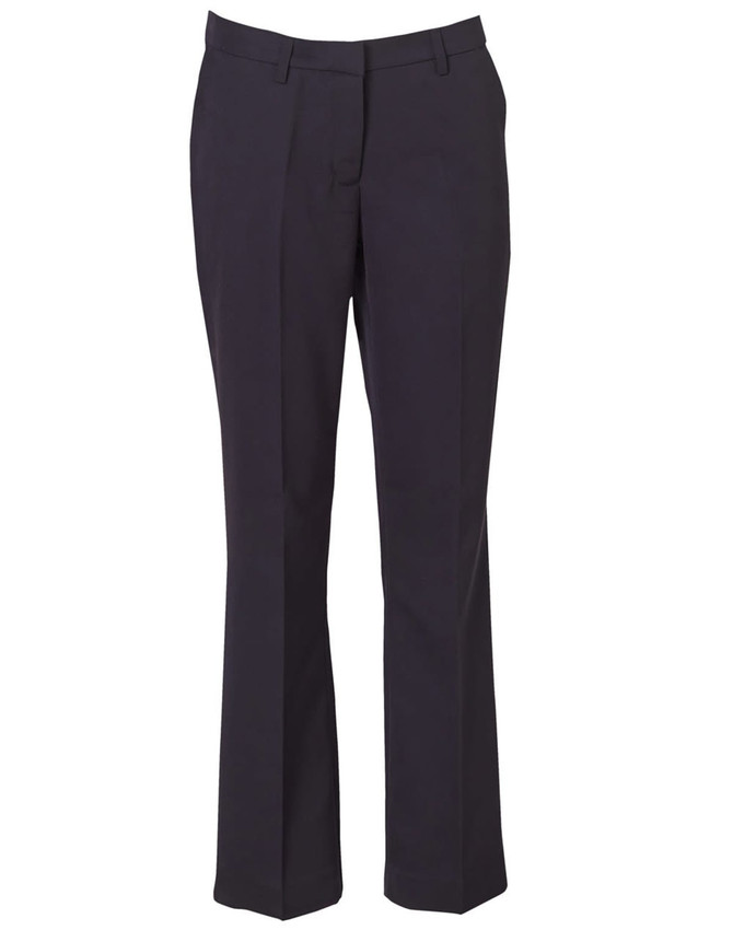 Ladies permanent press pants in dark navy, featuring a classic fit and smooth, wrinkle-resistant fabric.