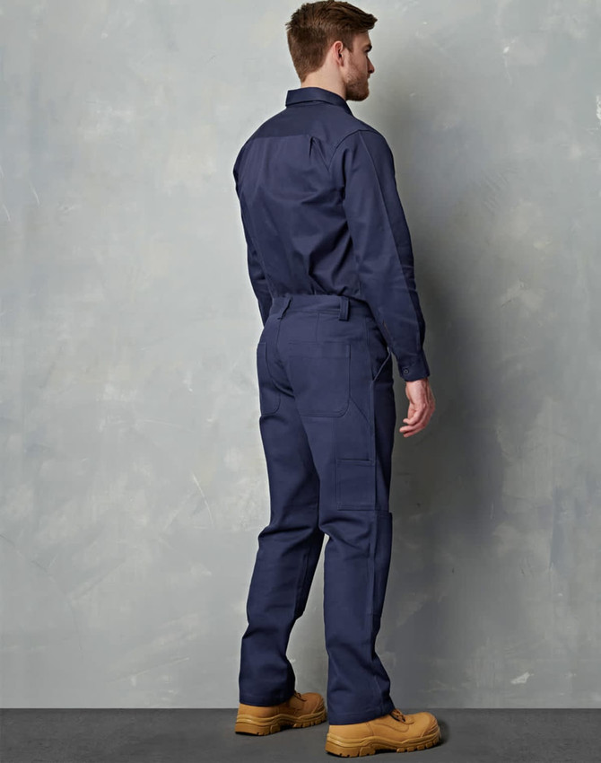 Men's cotton drill cargo pants in navy with knee pads, featuring multiple pockets and a fitted design.