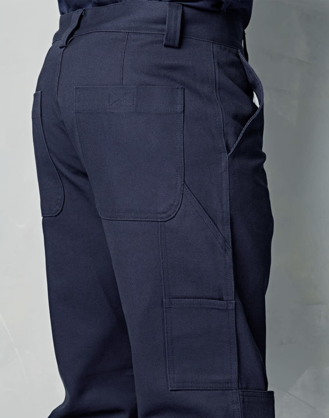 Navy cargo pants featuring knee pads and multiple pockets, with a clear logo on the back.
