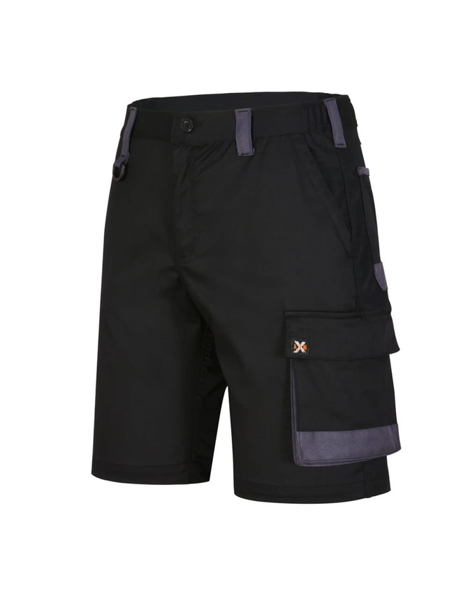 Unisex black utility stretch cargo work shorts with side pockets and a logo.