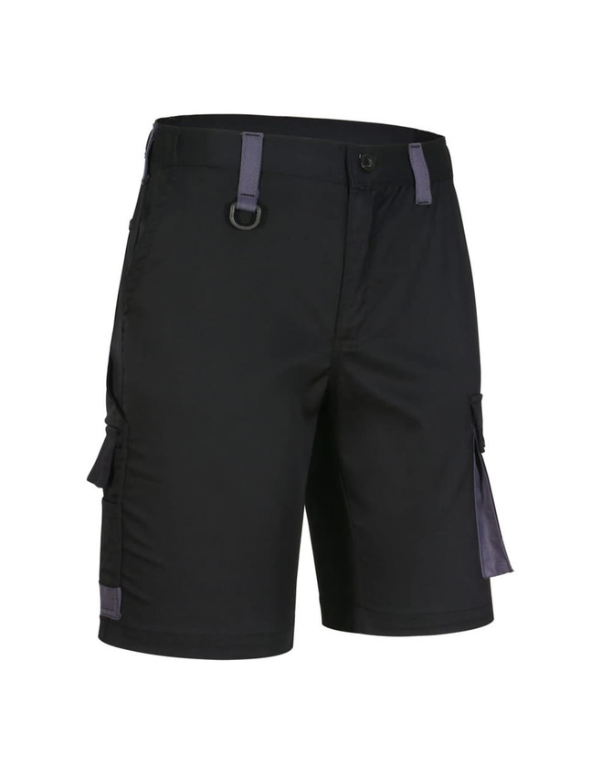 Unisex black utility stretch cargo work shorts with side pockets and a decorative loop, featuring contrasting grey details.