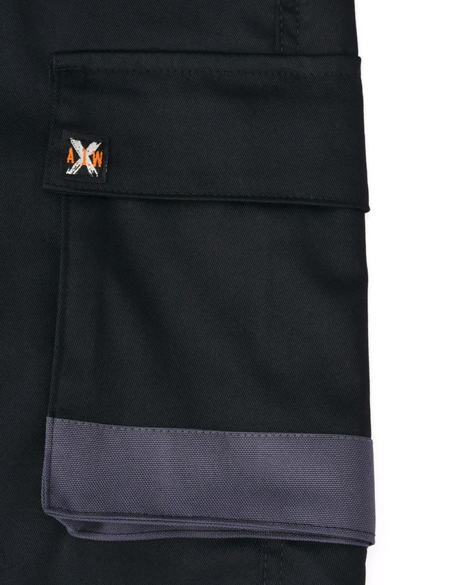 A pair of black unisex cargo shorts features multiple pockets and a grey band, with a logo on the side.