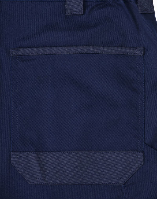 Navy blue unisex utility stretch cargo work shorts featuring a large rear pocket and a logo.