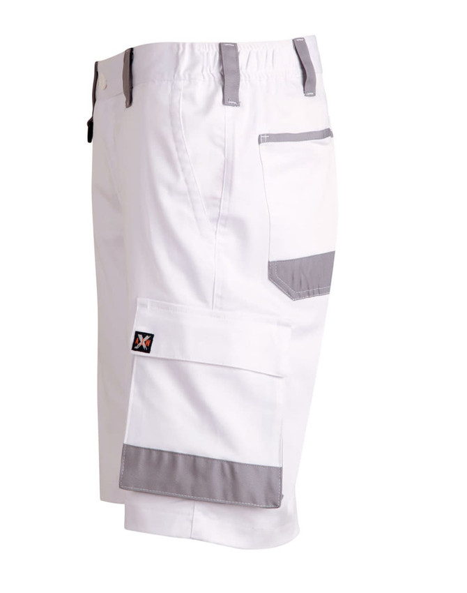 Unisex utility stretch cargo work shorts in white with grey accents, featuring multiple pockets and a logo.