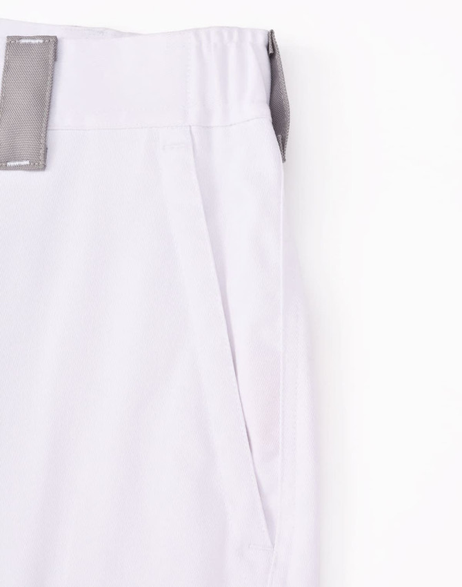 Unisex utility stretch cargo work shorts in light grey, featuring a waistband and side pockets, with a logo present.