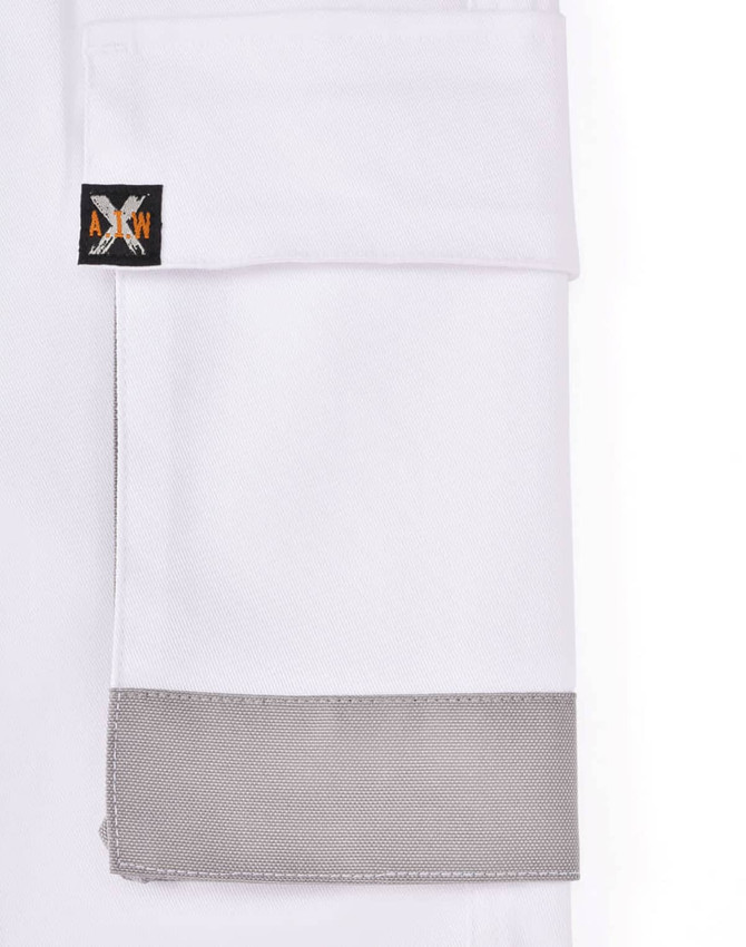 A set of unisex cargo work shorts in white, featuring a grey cuff and a logo on the pocket.