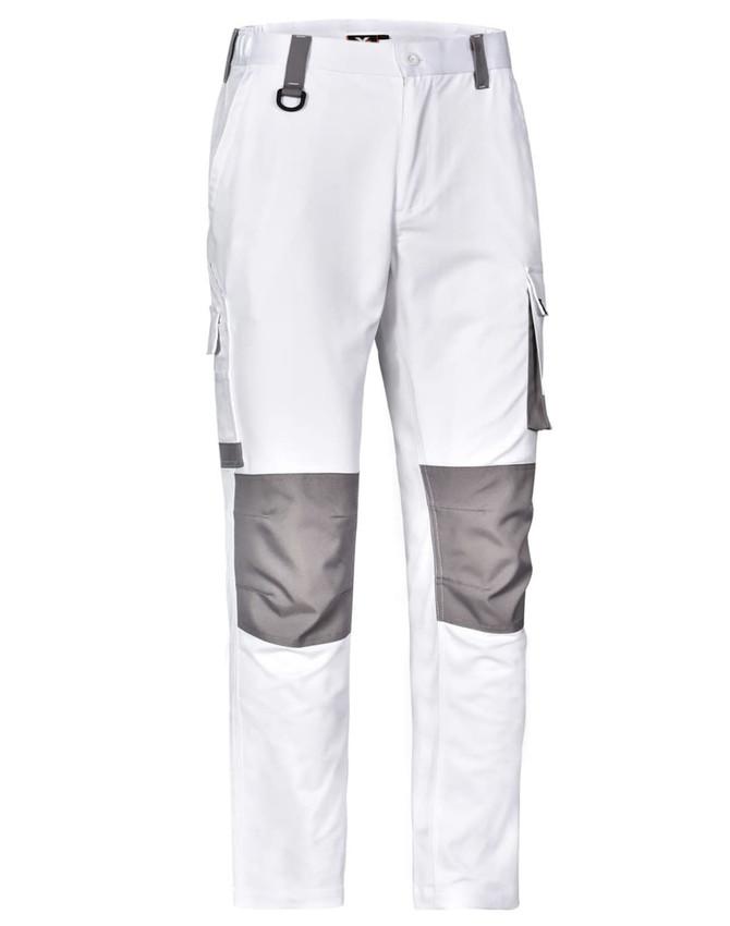 Unisex utility stretch cargo work pants in white with grey accents and cargo pockets. Features a logo on the waistband.