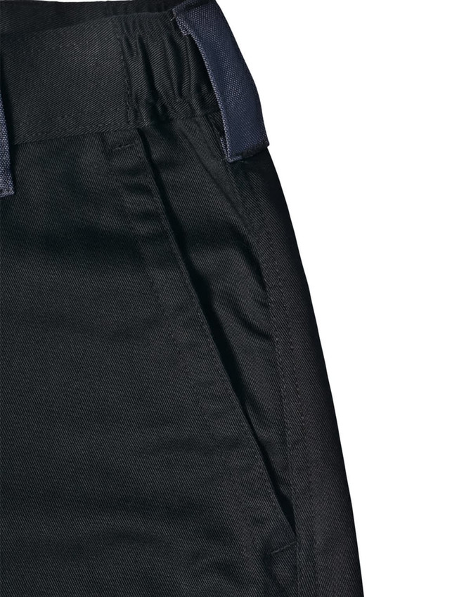 A close-up of black unisex utility stretch cargo work pants featuring a waistband and side pocket detailing.