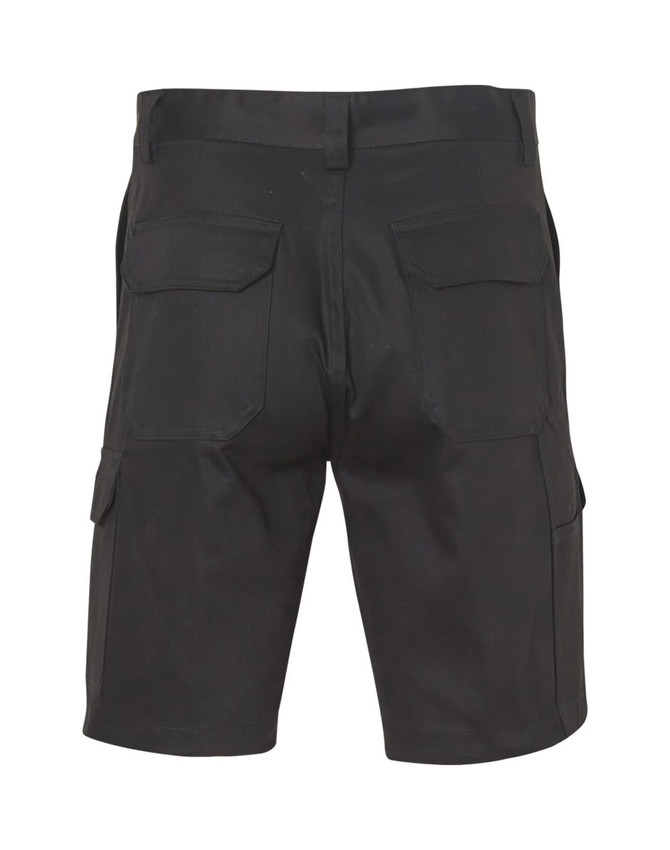 A pair of black heavy cotton drill shorts featuring multiple pockets and a back view design.