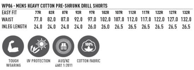Men's heavy cotton pre-shrunk drill shorts in various sizes, featuring a logo and made from 100% cotton fabric.