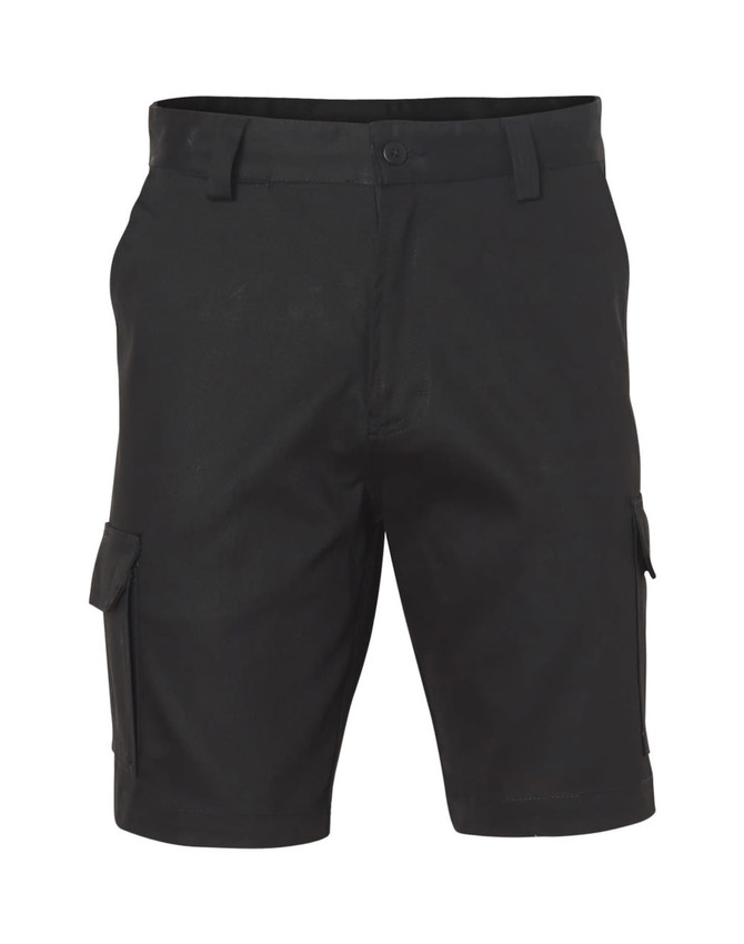 Men's heavy cotton pre-shrunk drill shorts in black, featuring cargo pockets and a branded label.