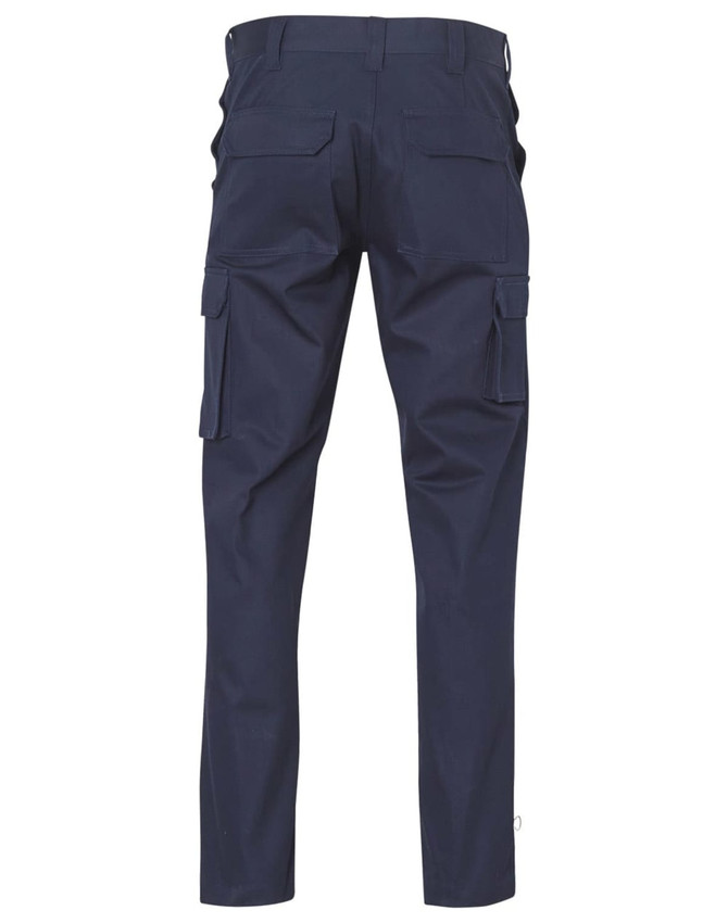 Navy cargo pants with drill pant pockets on the legs and a stout fit, featuring two rear pockets.