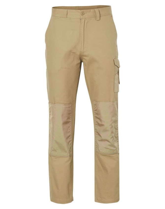 Khaki work pants with reinforced patches, featuring a cargo pocket and a logo. Suitable for heavy-duty use.