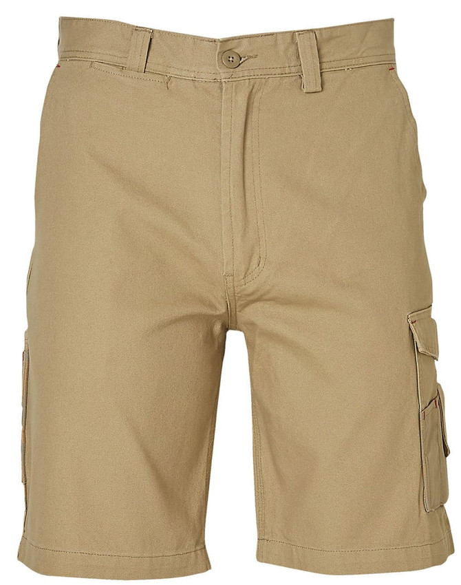 Heavy duck weave cargo shorts in beige with multiple side pockets. Features a button closure and logo branding.