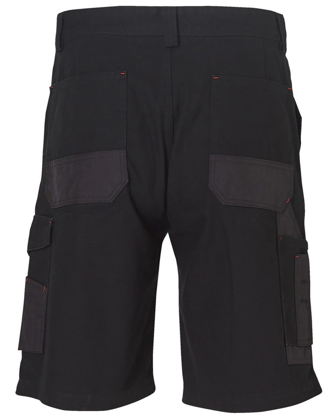 A pair of black cargo work shorts featuring multiple pockets and reinforced sections on the back.