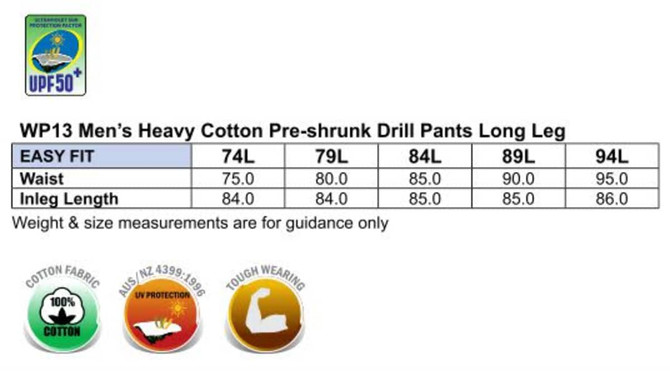 A chart detailing sizes for men’s heavy cotton drill pants, featuring various waist measurements and inleg lengths.