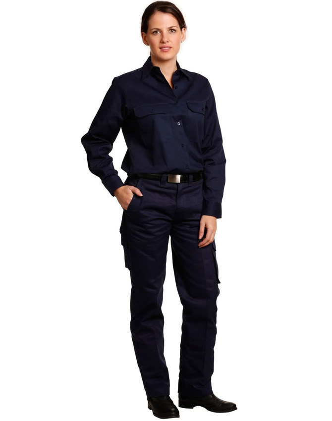 Ladies' heavy cotton pre-shrunk navy cargo pants with multi-functional pockets, styled with a matching shirt.