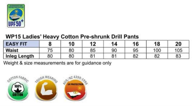 A chart displaying size measurements for the Ladies' Heavy Cotton Pre-Shrunk Drill Pants in multiple sizes, featuring a logo.