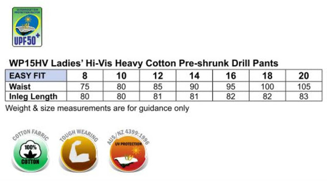 Ladies' heavy cotton pre-shrunk drill pants in hi-vis with 3M tape, featuring an easy fit and multiple size options.