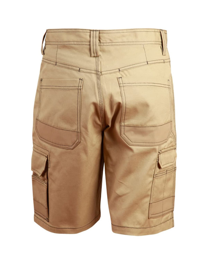 Lightweight semi-fitted Cordura work shorts in a khaki colour, featuring multiple cargo pockets and a logo.