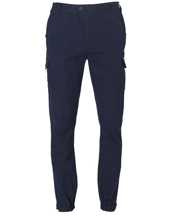 A pair of navy work pants with cargo pockets and an elasticated cuff, featuring a logo on the waistband.