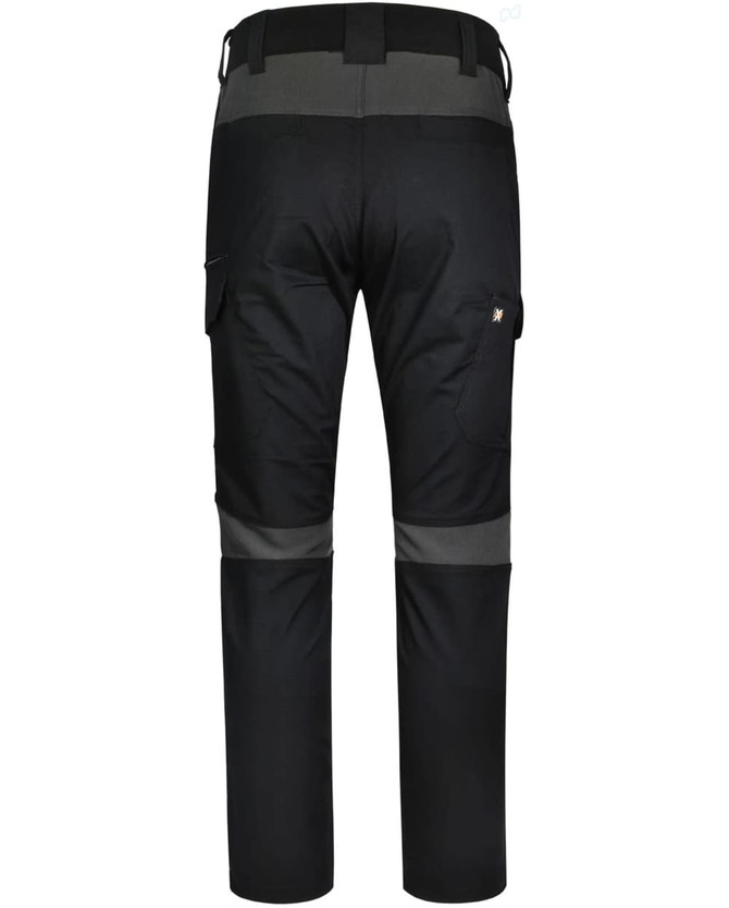 Black work pants with grey accents, featuring cargo pockets and a logo. Ideal for durability and comfort in workwear.