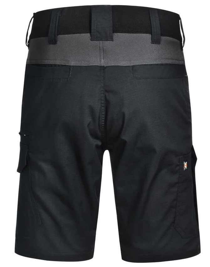 Work shorts in black with a grey waistband, featuring pockets and a logo on the side.