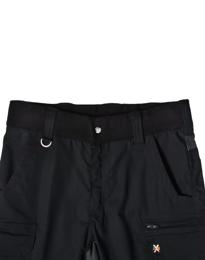 Black Rip-Stop Poly/Cotton Stretch Work Shorts featuring a waistband and multiple pockets. Includes a logo detail.