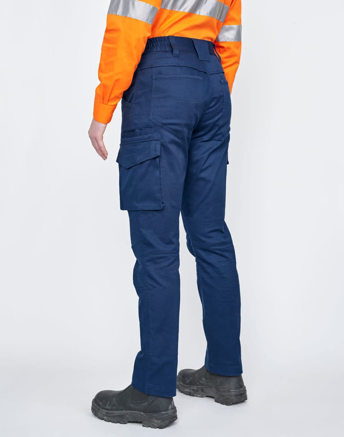 Unisex cotton stretch ripstop work pants in navy with multiple cargo pockets, paired with a bright orange reflective shirt.