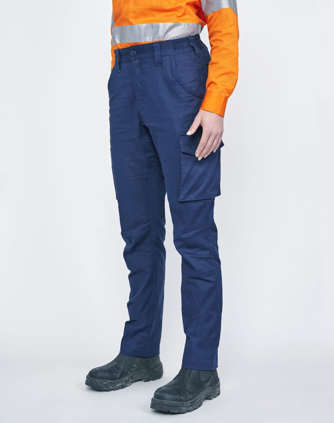 Unisex navy cotton stretch ripstop work pants with a side pocket, worn with a high-visibility orange shirt.
