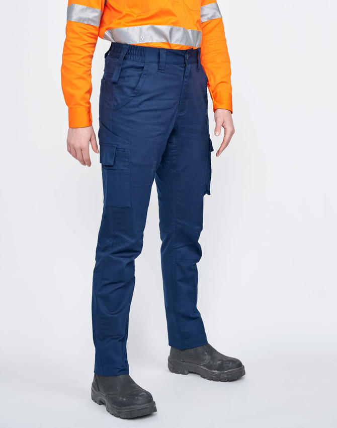 Unisex cotton stretch ripstop work pants in navy blue, featuring multiple pockets and a logo. Worn with an orange high-visibility shirt.