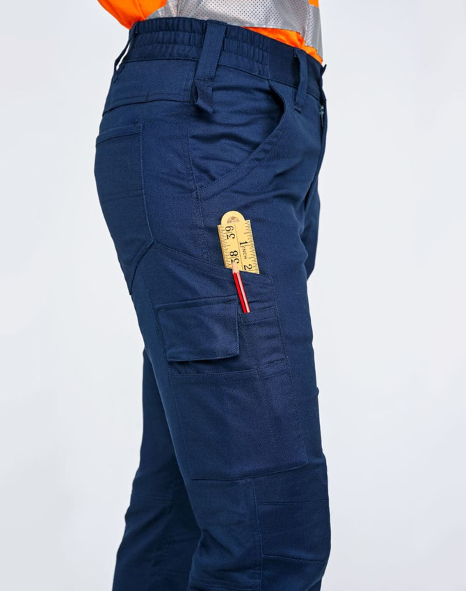 Unisex cotton stretch ripstop work pants in navy, featuring a pocket with a tape measure partially visible.