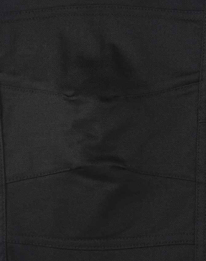 Unisex black cotton stretch ripstop work pants featuring multiple pockets and a durable fabric. Includes branding.