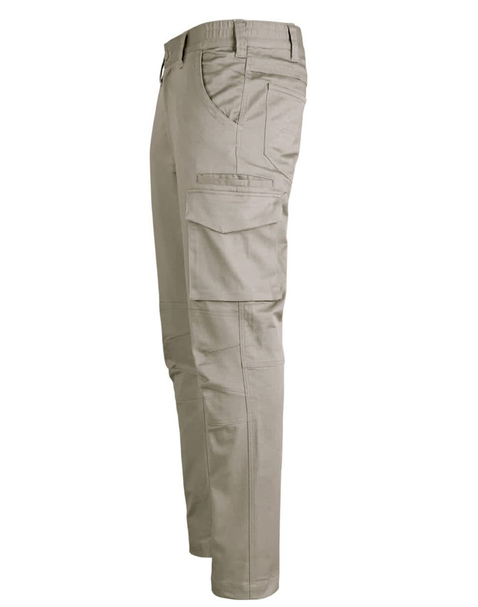 Unisex cotton stretch ripstop work pants in a tan colour, featuring multiple pockets and a branding logo.